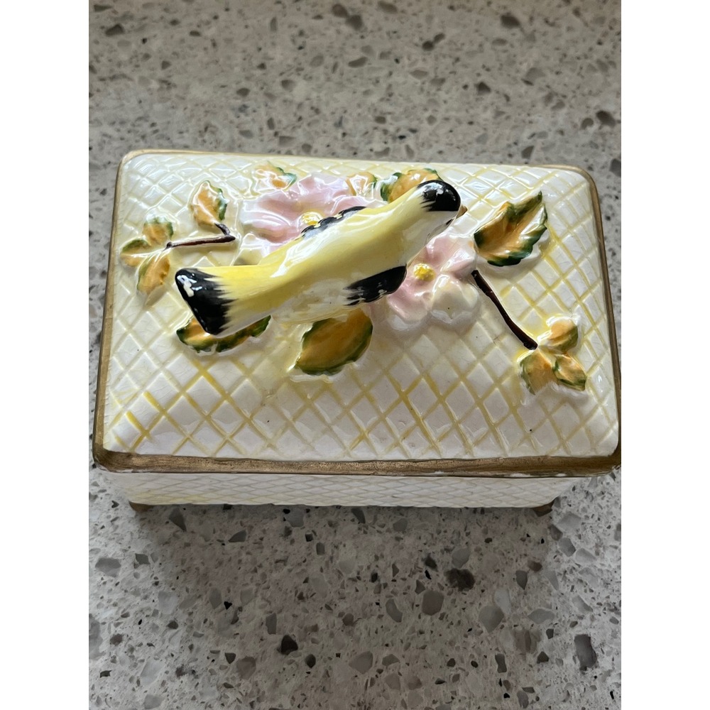 Vintage Chase Japan Ceramic Box Yellow Bird Pink Flower Lattice Gold Trim - Picture 2 of 7